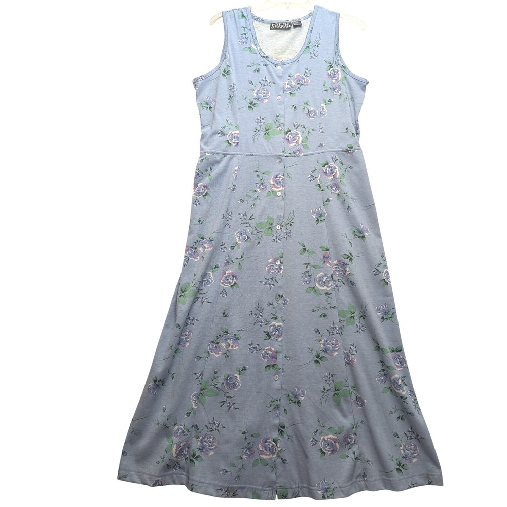 Vintage Nick & Sarah Floral Button Front Maxi Dress Womens L Blue Tie Back
